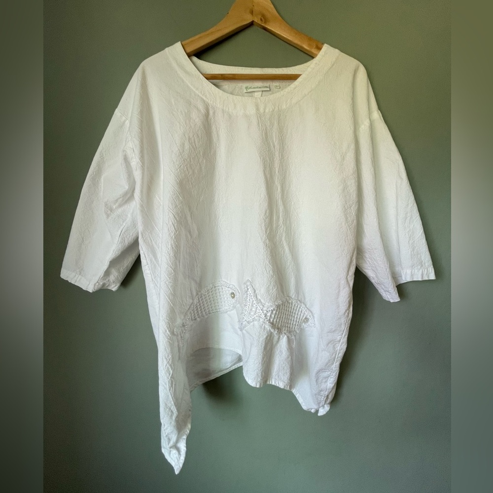 Lulu B. Cotton Gauzy Top Fish appliqué cottage core size XL